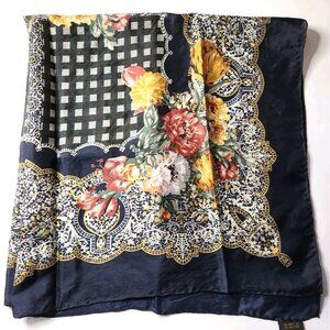 Vtg silk scarf San You Floral Checkered Navy Multicolor Square cottagecore fairy